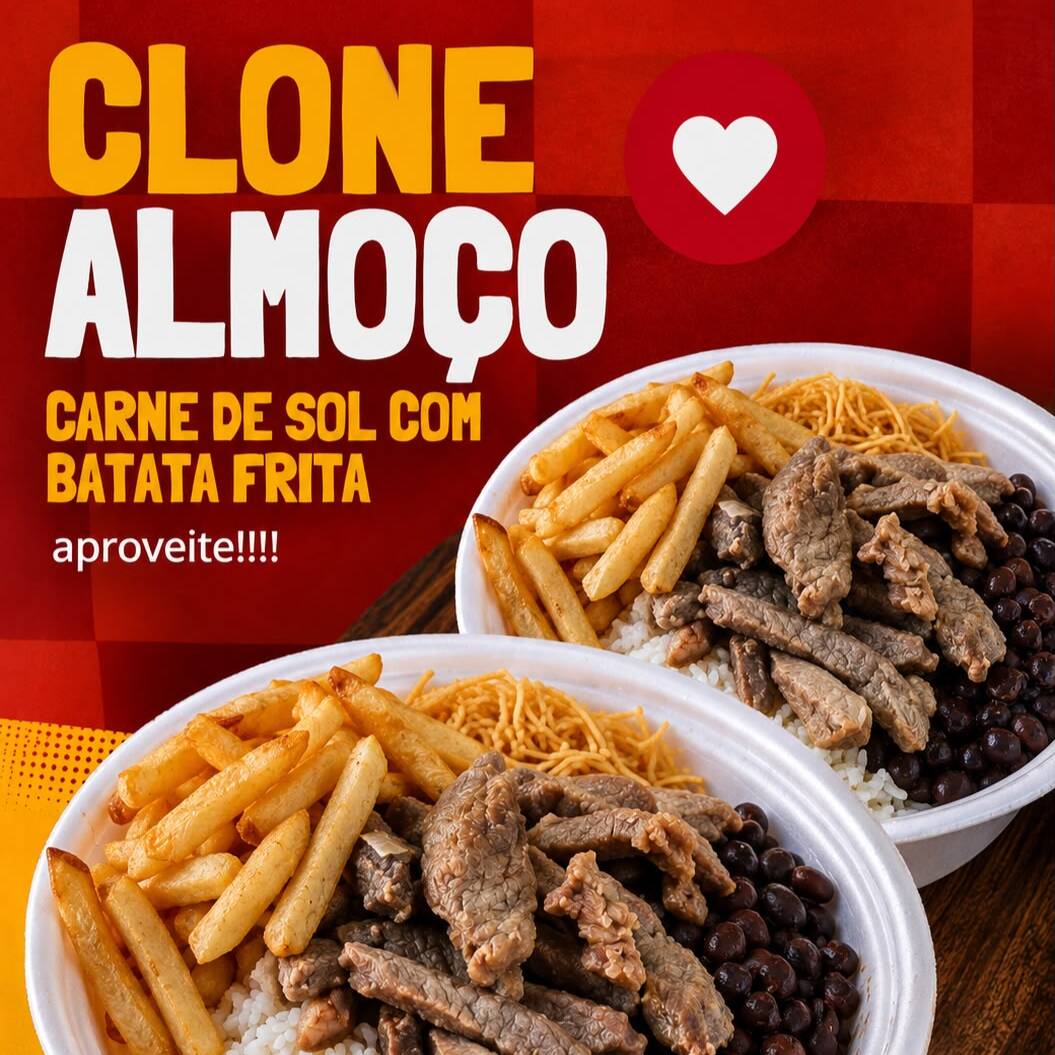 2 almoços de carne de sol na manteiga, macia e suculenta, acompanhada de arroz soltinho, feijão bem temperado, macarrão saboroso, vinagrete fresquinho, farofa crocante e batata frita douradinha.