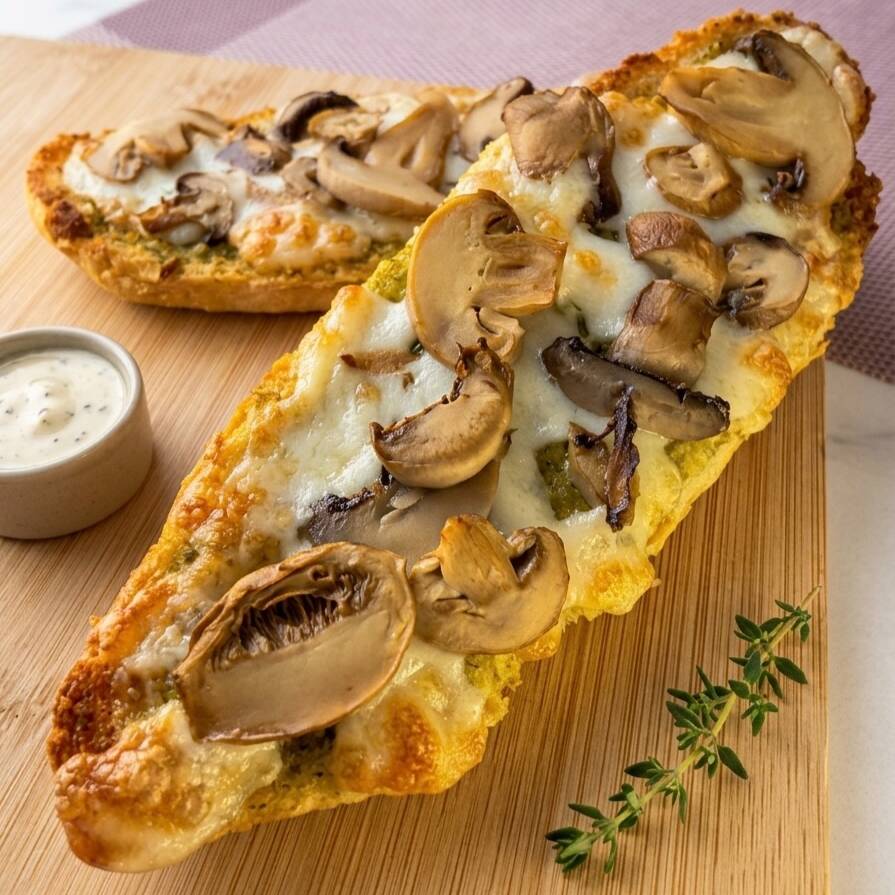 Pan con Ajo, Queso y Champiñón.