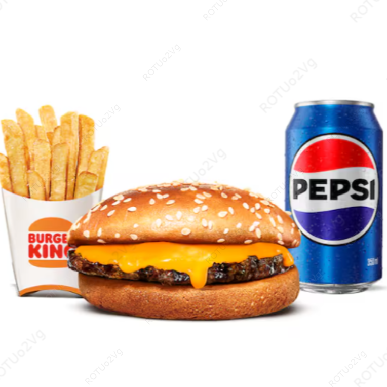 Pão fofinho com gergelim, hambúrguer de carne 100% bovina grelhada no fogo como churrasco e o novo molho cremoso sabor queijo cheddar + Batata Média + Bebida