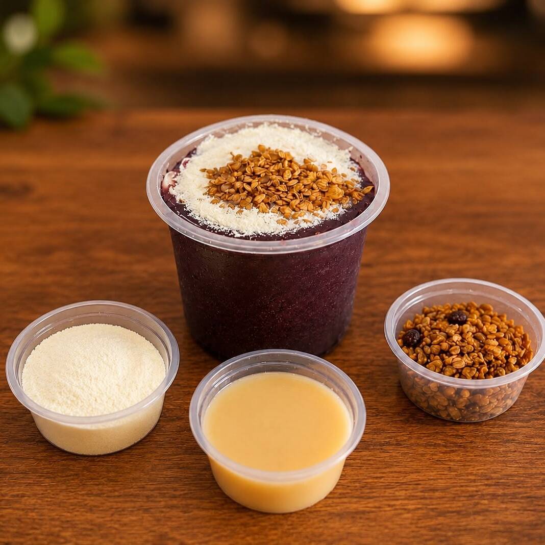 Açaí de 500ml, acompanhado com Granola, Leite Condensado e Leite em Pó.