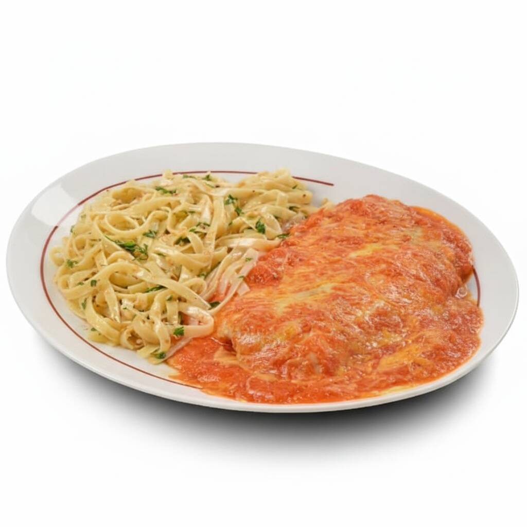 Delicioso filet à parmegiana (aprox. 110gr in natura) com molho artesanal de tomates italianos, gratinado com parmesão. Acompanha massa com molho de sua preferência.