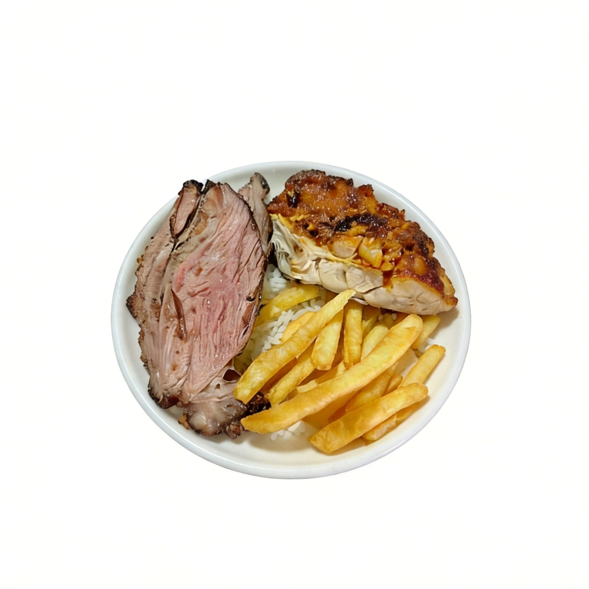 Arroz, feijão, carne assada, frango ou linguiça e batata frita.