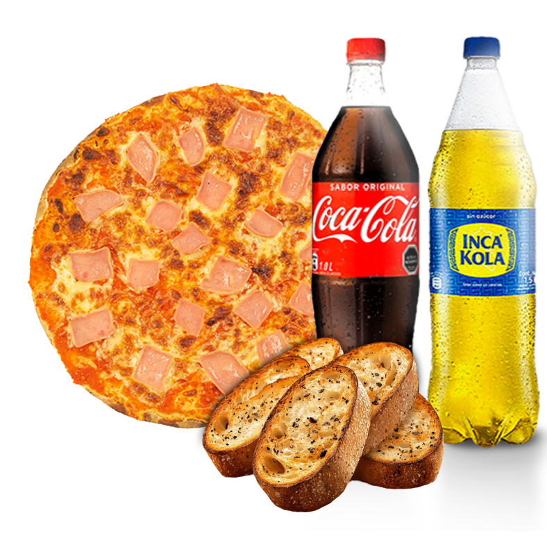 2 Pizzas Grandes + 6 Pancitos al Ajo + 1 Gaseosa