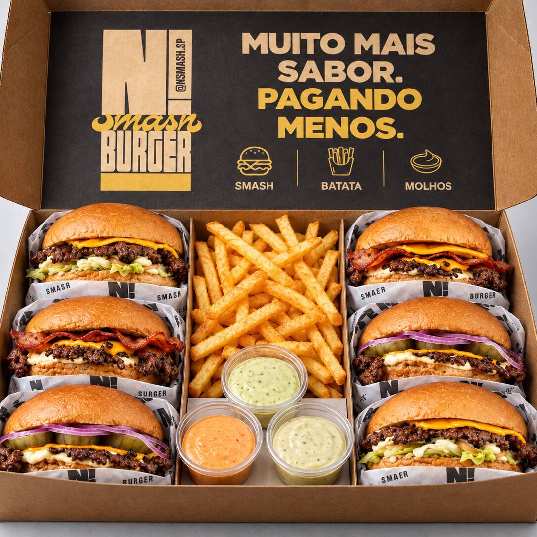 Box Galera 6
Pra dividir sem complicação: burgers, batata frita fininha e 3 molhos da casa em um box feito pra compartilhar. Ideal pra reunir a galera e matar a fome de todo mundo.
Combo Composto por:
2 Smash Burger
2 Smash Salada
2 Smash Bacon
1 porção grande de Batata Frita Fininha (Novidade no Cardapio)
3 molhos