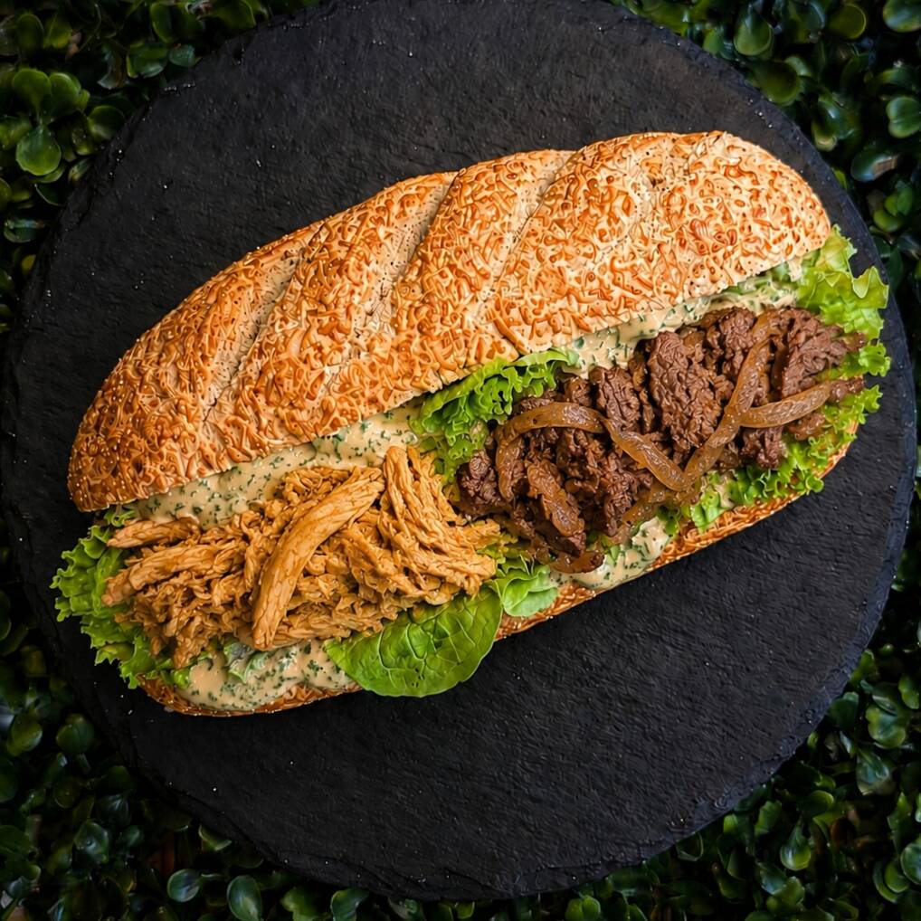 Baguete recheada de alcatra, frango desfiado, cream cheese e complementos à sua escolha.