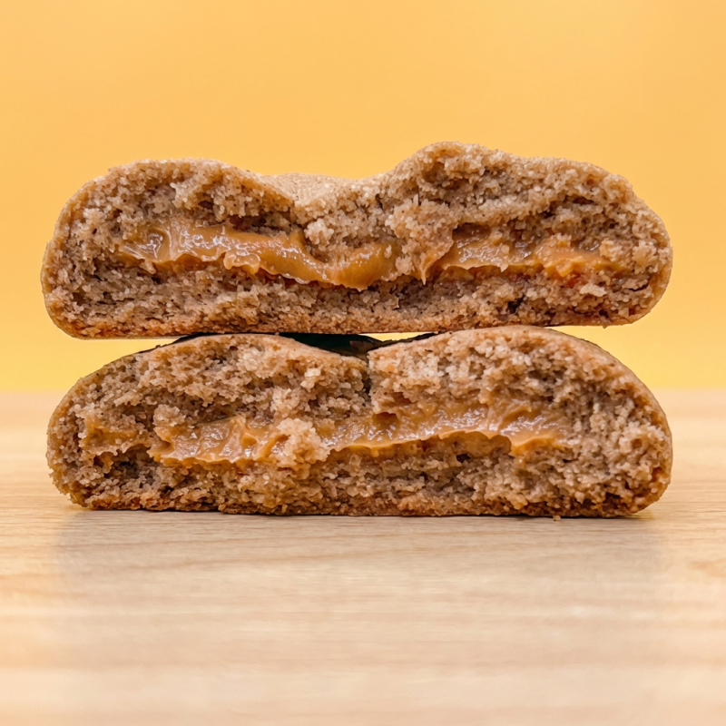 Nossa massa de baunilha com uma pitada de canela, recheado com doce de leite! Uma explosão de sabores, um churros em forma de cookie! Recomendamos esquentar 20 segundos no microondas ou 5 minutos no forno a 180graus para uma experiência ainda mais especial! Pesa aproximadamente 100g.
