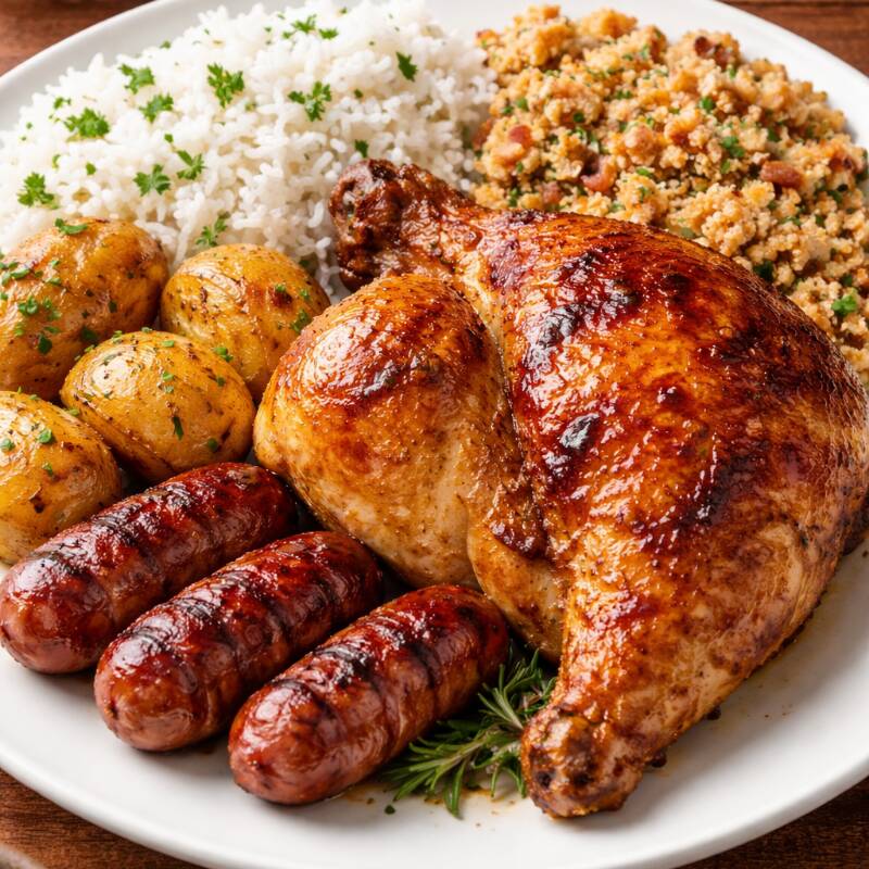 Arroz, Batatinha, Linguiça e Farofa