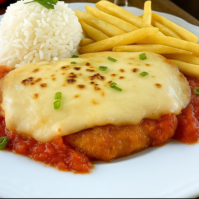 Parmegiana de Filé de Frango, preparada com molho de tomate caseiro, totalmente artesanal, servida com arroz branco e fritas