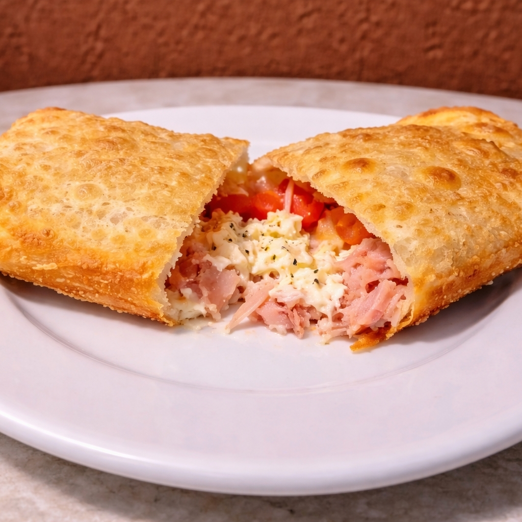 Recheio de queijo, presunto ,tomate e orégano em um pastel crocante. Um clássico reinventado.