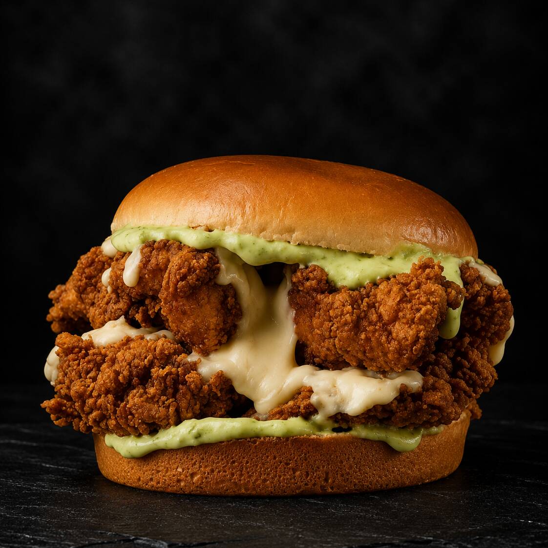 Pão brioche, frango empanado, maionese,
mussarela, cebola crua roxa e cream cheese.