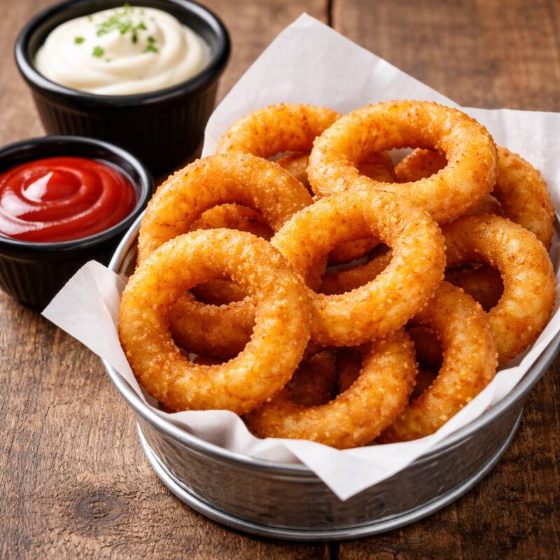 Porção Onion Rings com 10 Unidades. Acompanha Molho da Casa.
