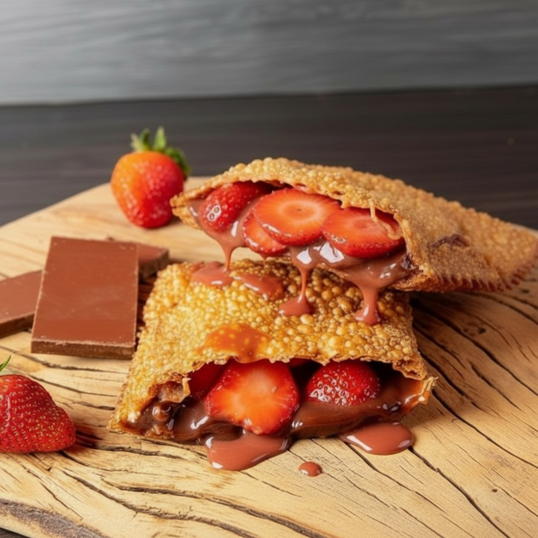 Chocolate ao leite com morangos frescos fatiado derretido na nossa massa de cacau