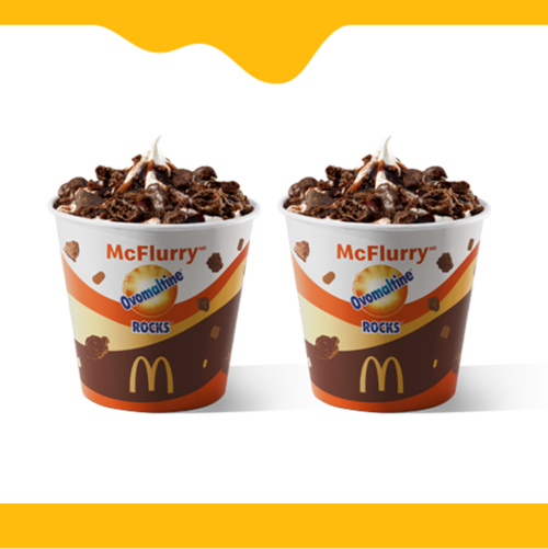 Nesta promoção você leva 2 McFlurry no sabor Ovomaltine Rocks. Bebida láctea sabor baunilha, cobertura de chocolate, Ovomaltine em pó e pedaços crocantes de Ovomaltine rocks.