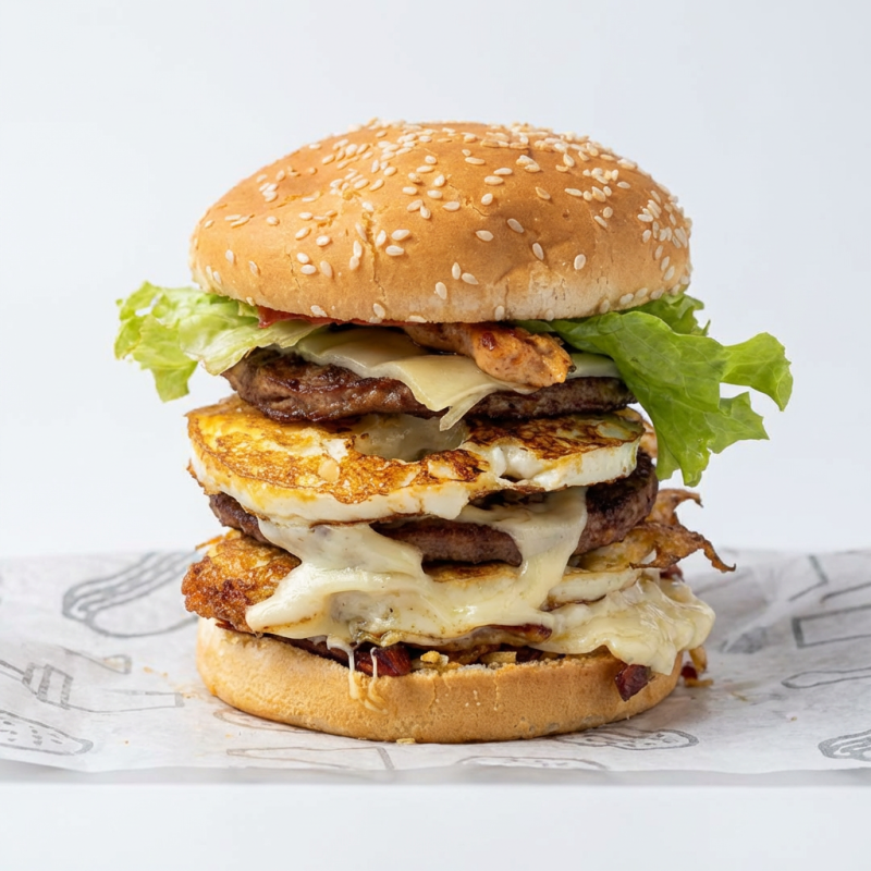 3 carnes, 3 ovos, queijo, frango, bacon, calabresa, batata palha, alface, tomate, pão