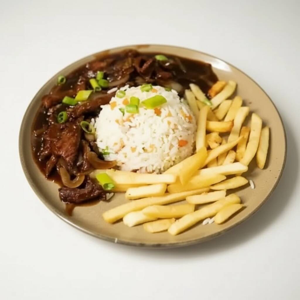 Filé em tiras com cebola ao molho shoyo, acompanha risoto (arroz, ovos, presunto e ervilha). Obs: Apenas no prato individual tem o acompanhamento de batata frita.