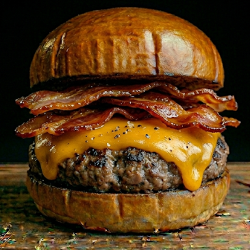 Pão de brioche, 2 hambúrguer 150g, 2 camadas de cheddar e bacon