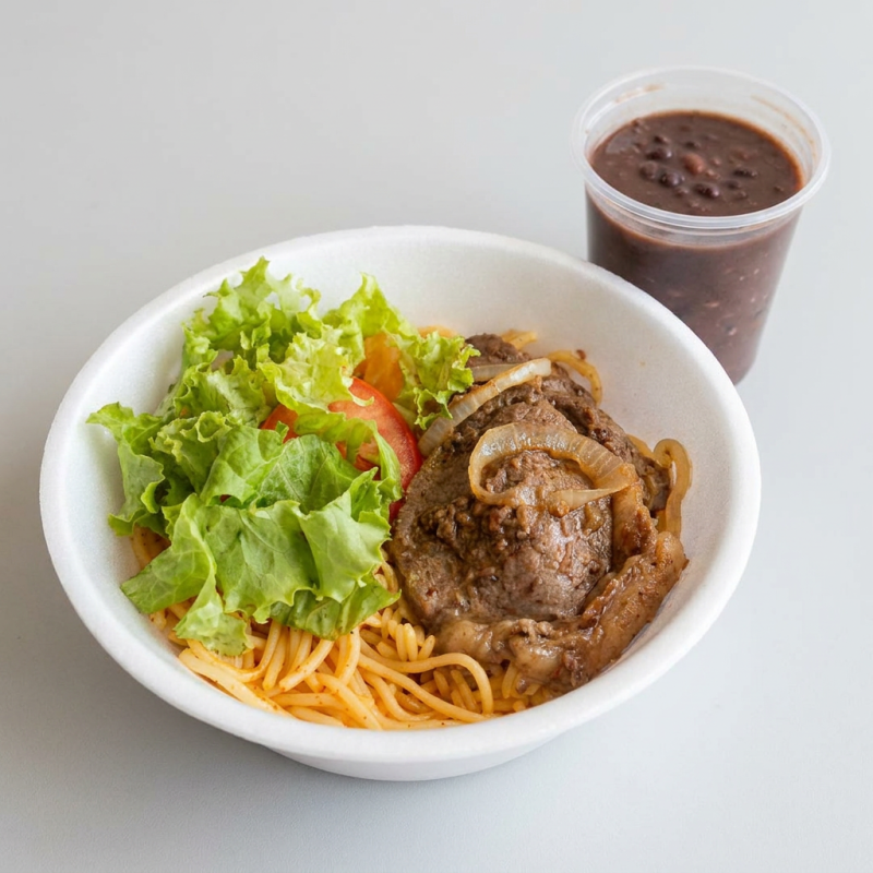 Feijão, Arroz, Macarrão, Salada e Farofa.