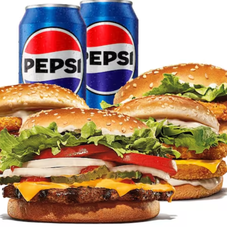 2 sanduíches (Escolha um Sanduíche entre: Whopper, Chicken Duplo, Rodeio Duplo, Big King, Whopper de plantas, Stacker Duplo e Cheeseburger Duplo) +
2 sanduíches entre: (Cheeseburger, cheddar jr, chicken jr e rodeio) + 2 bebidas.