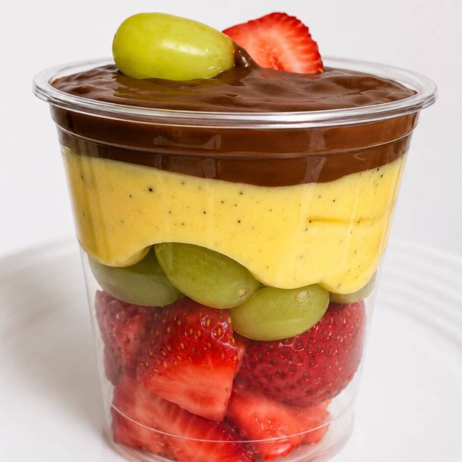 Morangos e Uvas fresquinhas, delicioso creme de Maracujá finalizado com Brigadeiro 50%. Uma combinação refrescante , cremosa e irresistível!
150Ml