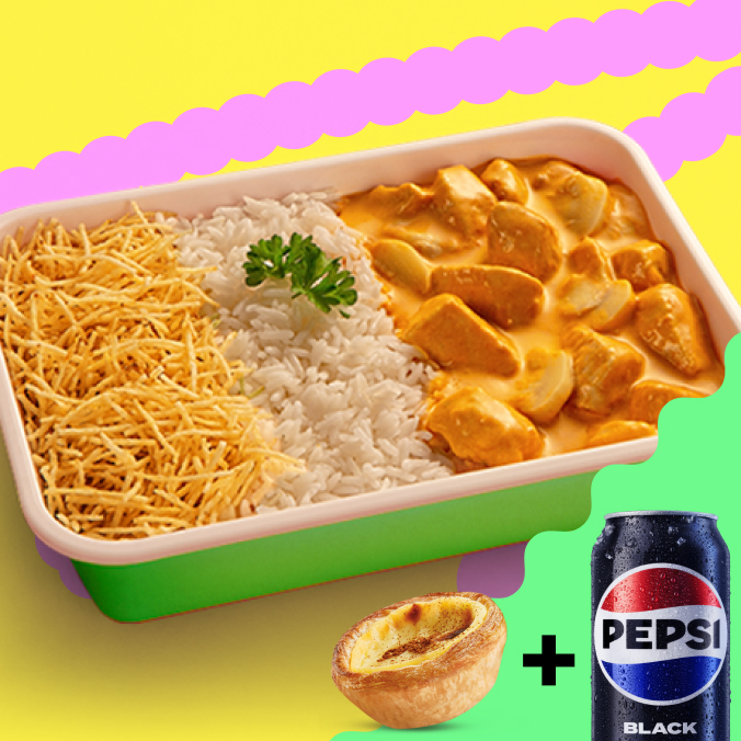 Vai ter russo com inveja, pode acreditar. O nosso estrogonofe de frango é cremoso, vem com um arroz delícia e aquele show de batata palha. Camarada, é de babar. Acompanha 1 Refrigerante Lata + 3 Minichurros de Doce de leite ou 1 Pastel de Belém. Só vem!