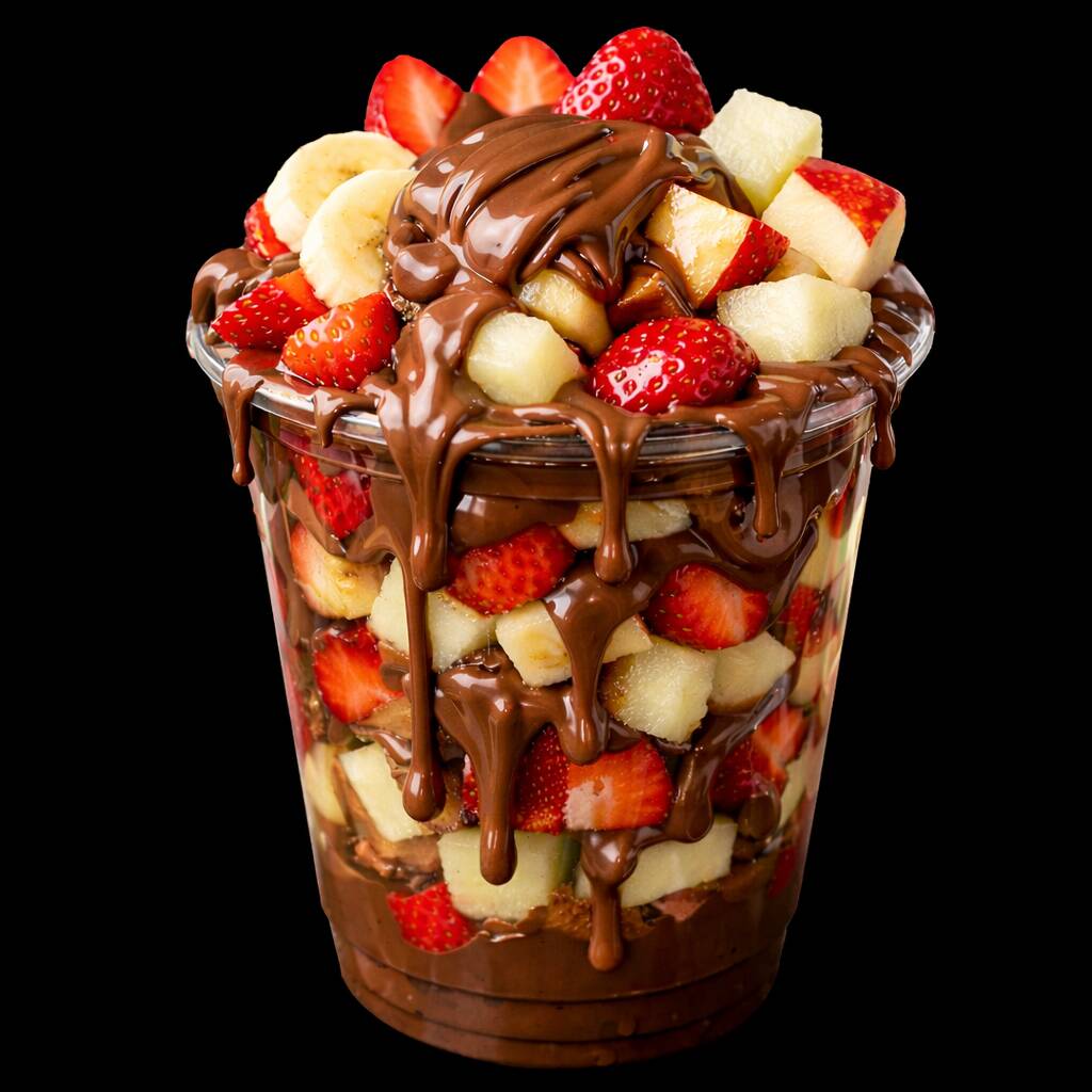 O famoso Copo da Felicidade – saborrrr saudável 🍓🍌 Uma combinação perfeita de frutas frescas cortadas na hora — morango, banana, melão e maçã — envolvidas por uma camada generosa de creme de chocolate meio amargo , trazendo aquele toque doce na medida certa. Leve, refrescante e irresistível, é a escolha ideal pra matar a vontade de doce sem abrir mão de uma opção mais equilibrada. Cada colherada é pura felicidade… do jeitinho que você merece! 💛