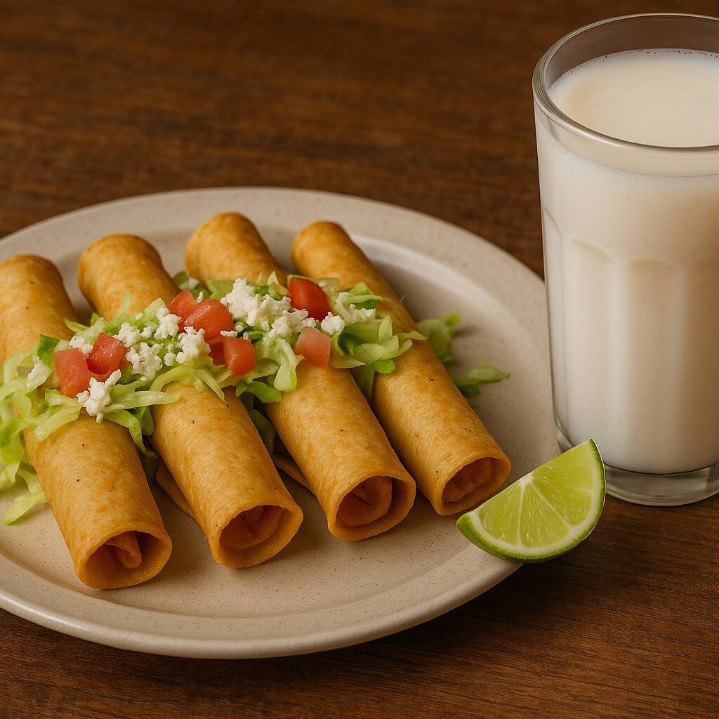 Tacos Dorados con Agua de Litro