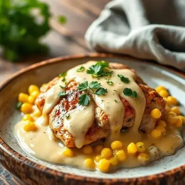 Filé de frango suculento, coberto com um suave e cremoso molho de milho, acompanhado de arroz branco soltinho, panachê de legumes fresquinhos e salada leve. Uma refeição equilibrada, cheia de sabor e carinho.