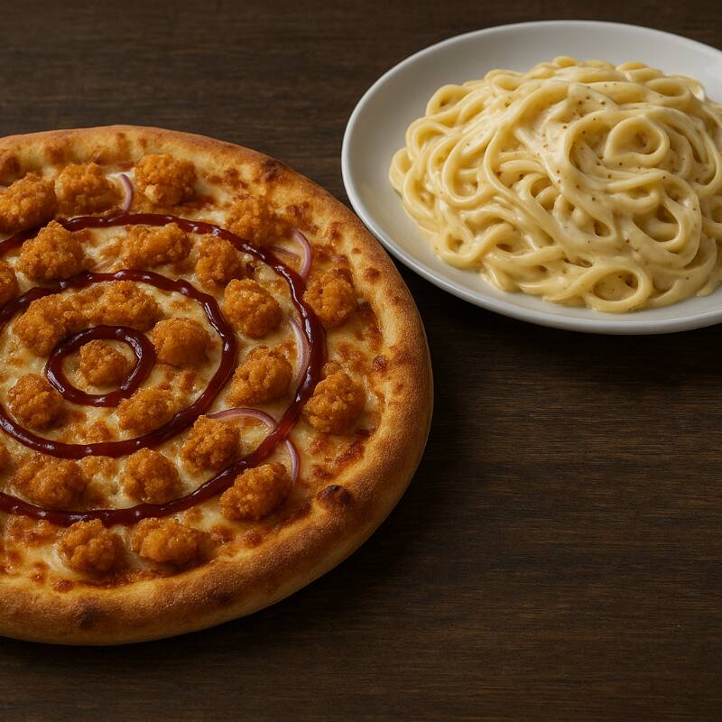 Pizza Pollo Crispy + Fettucini en Salsa Alfredo