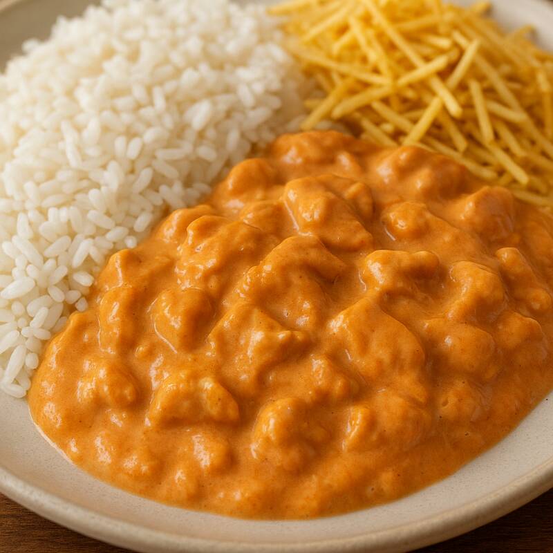 arroz, estrogonofe de frango com batata palha