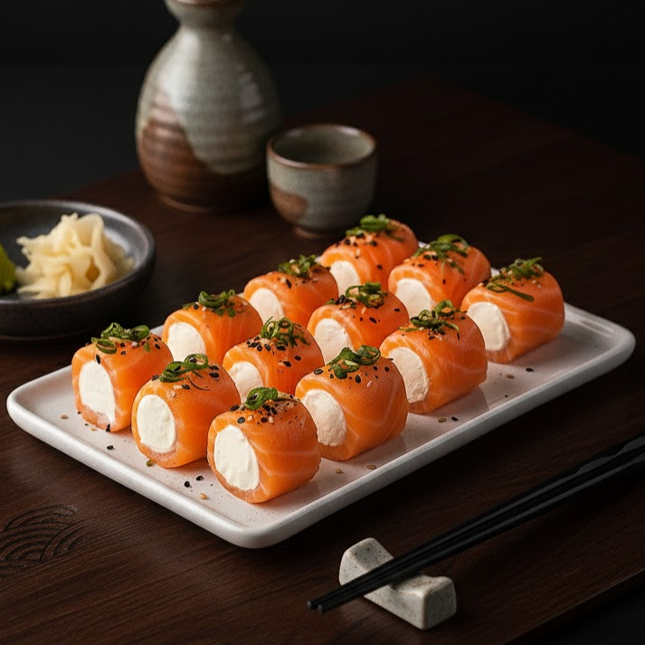 Delicadas fatias de salmão com creem chesse e molho do chefe.