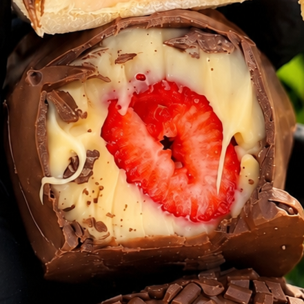 Morango fresco envolvido no brigadeiro de Ninho coberto com uma casquinha meio amarga de chocolate