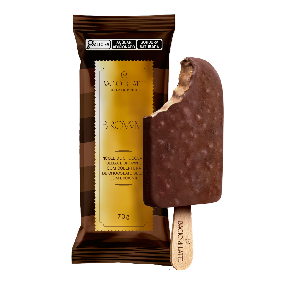 Picolé de gelato com brownie de verdade, cobertura de chocolate belga e pedacinhos de brownie, 70g.