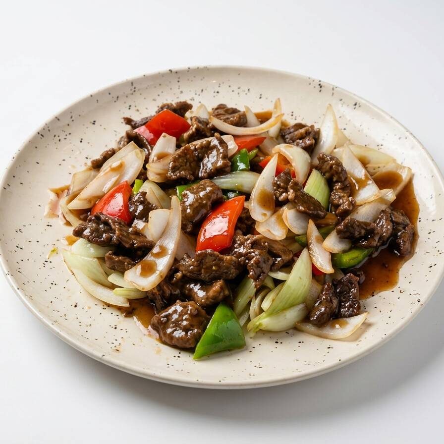 Carne em fatia com cebola, desfiada e pimentões