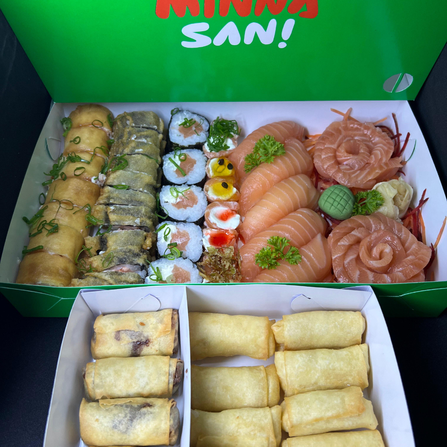 10 sashimi salmão, 5 sushi salmão, 5 filadelfia roll, 10 hot filadelfia, 10 haru hot, 2 joy cebolinha, 2 joy pimenta, 2 joy maracuja, 2 joy crispy, 10 harumaki camarão e 5 harumaki chocolate