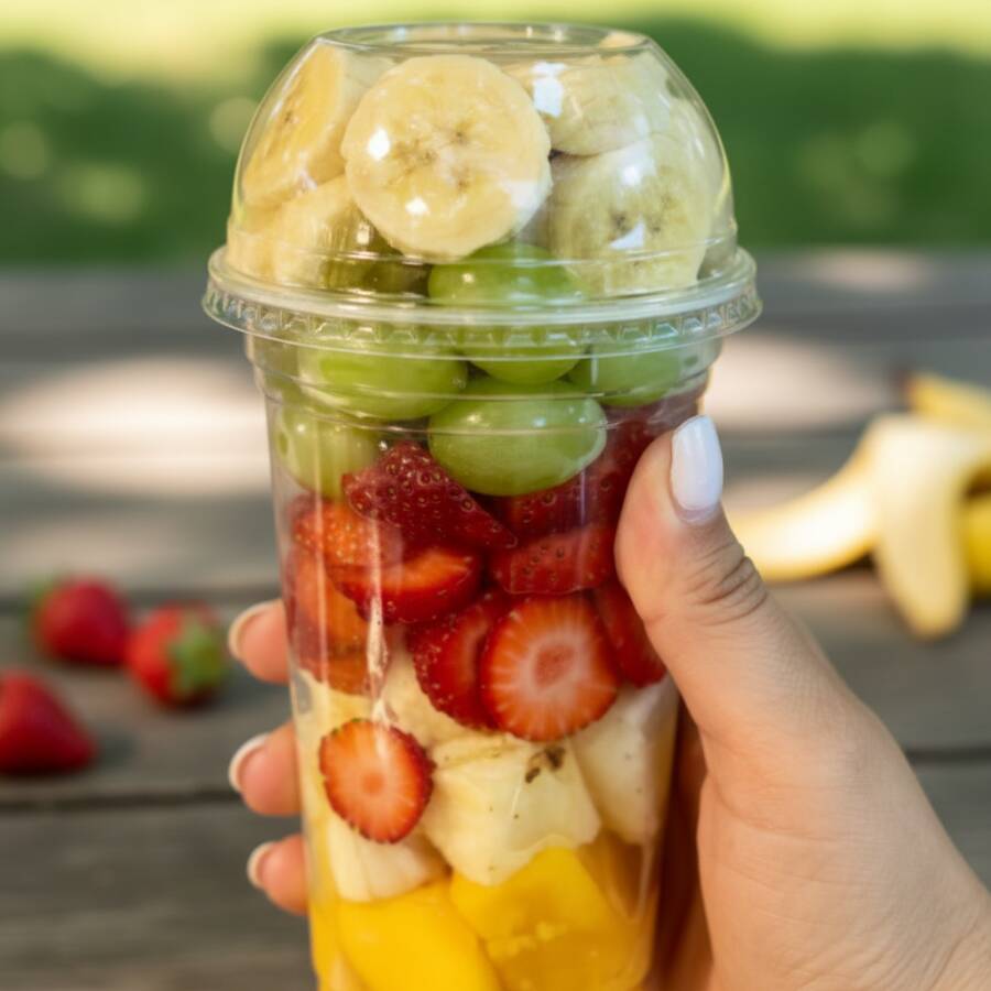 500ml Essa opção é refrescante com frutas frescas e acompanha um complemento dá sua escolha: ganache de chocolate, leite condensado ou creme de Ninho.