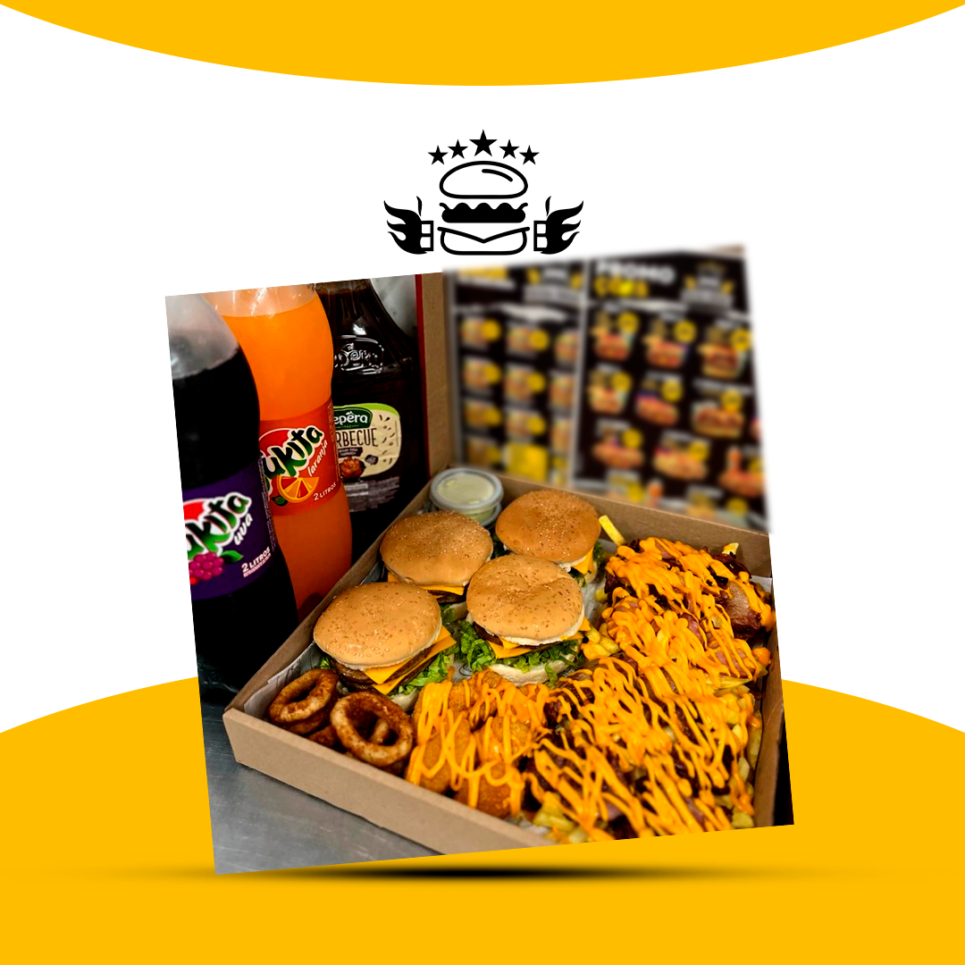 4 Cheddar Duplo - 8 Anéis De Cebola - 8 Nugget -2 Molhos - Batata - Bacon - Calabresa + 1 Refri 2 Lt
