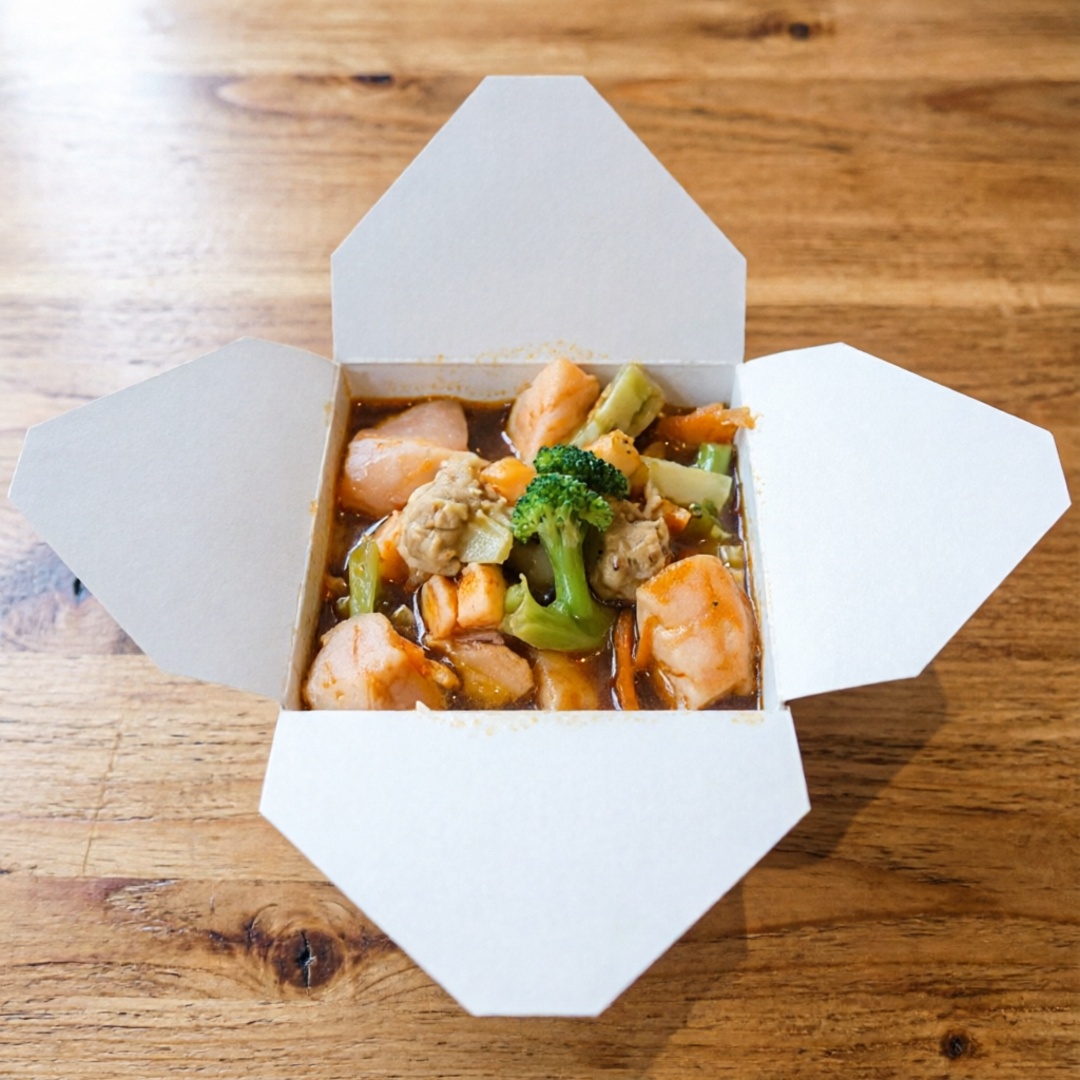 Brocolis, couve flor, cenoura, oleo de gergelim torrado, 100g de frango, macarrão frito ao molho oriental.