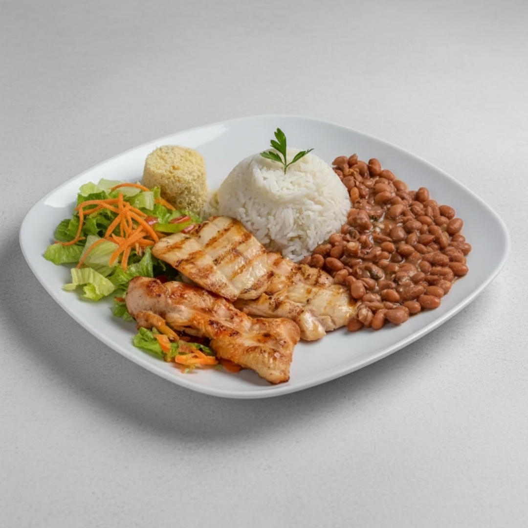 Contém - Arroz - Feijão - Macarrão ao molho - Refogado de legumes - Batata rústica