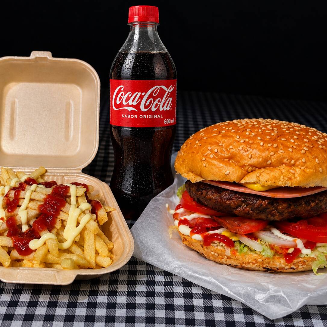 1 hamburguesa sencilla + papas + 1 CC 600ml