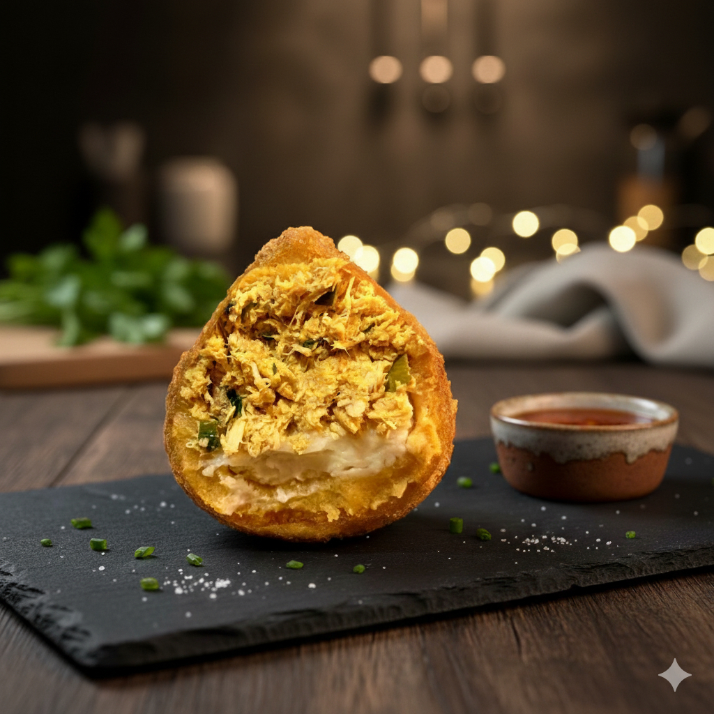 Nossa coxinha crocante, com massa super leve que desmancha na boca e com recheio irresistível de frango bem temperado e suculento, combinado com Cream Cheese de ótima qualidade, o que torna uma explosão de sabores a cada mordida.. Finalizada com uma camada crocante de farinha Panko o que lhe oferece uma crocancia perfeita.