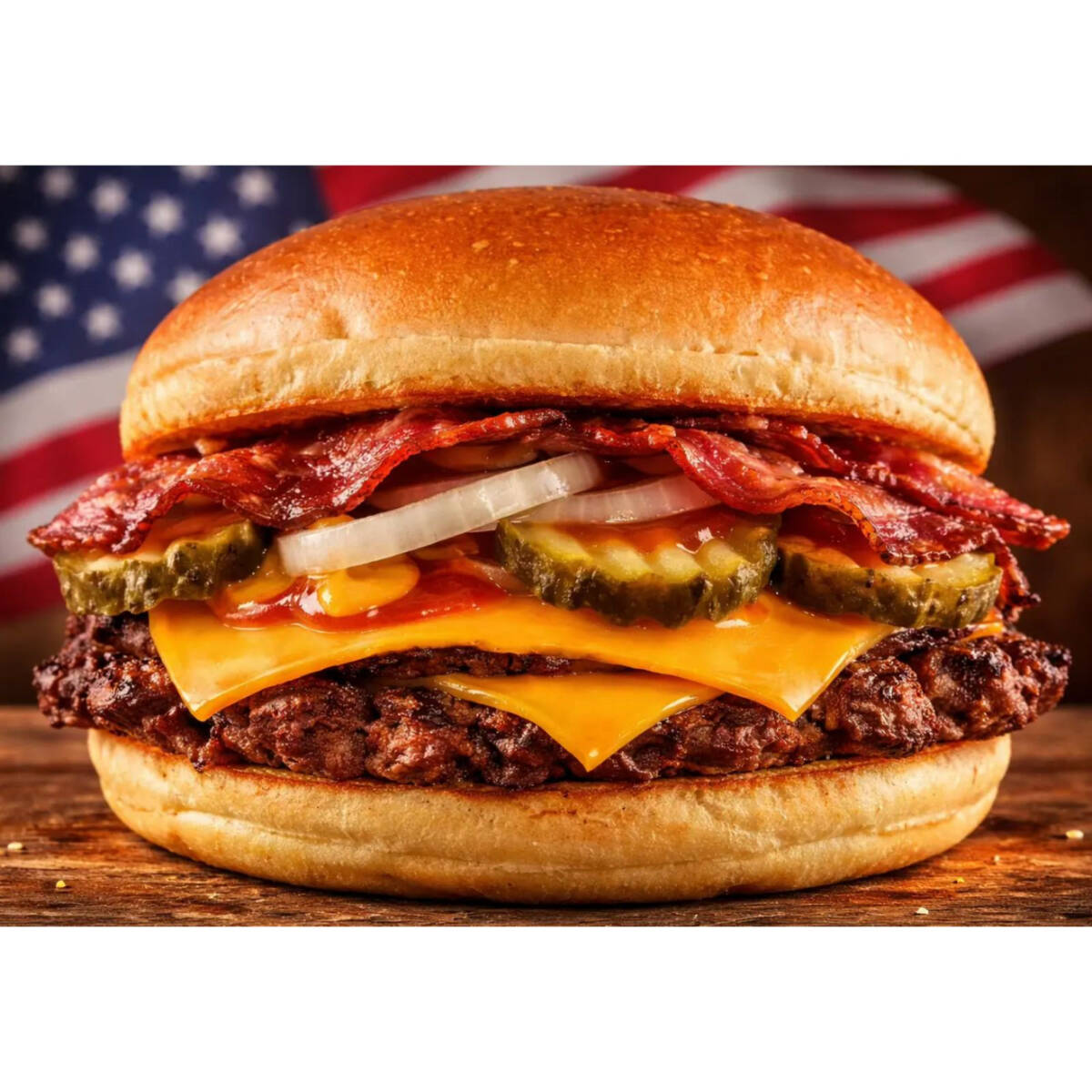 pão brioche, dois burger Smash 80g, queijo, bacon, cebola, picles, ketchup e mostarda.