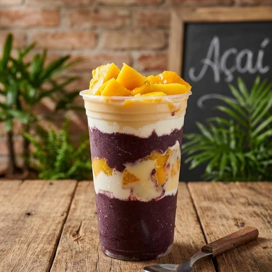 Açaí no copo com manga, leite em pó e leite condensado refrescante e delicioso! Nosso açaí é servido no copo, coberto com cubos suculentos de manga, uma generosa camada de leite em pó e um toque doce de leite condensado. A mistura perfeita entre a acidez suave da manga e a cremosidade do açaí, criando uma experiência única e irresistível a cada colherada!