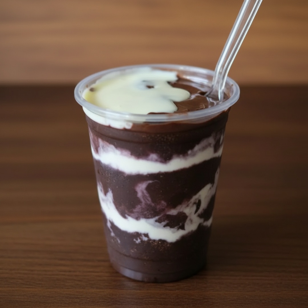 Açaí super cremoso montado em camadas de leite em pó e no topo ninho e creme de avelã