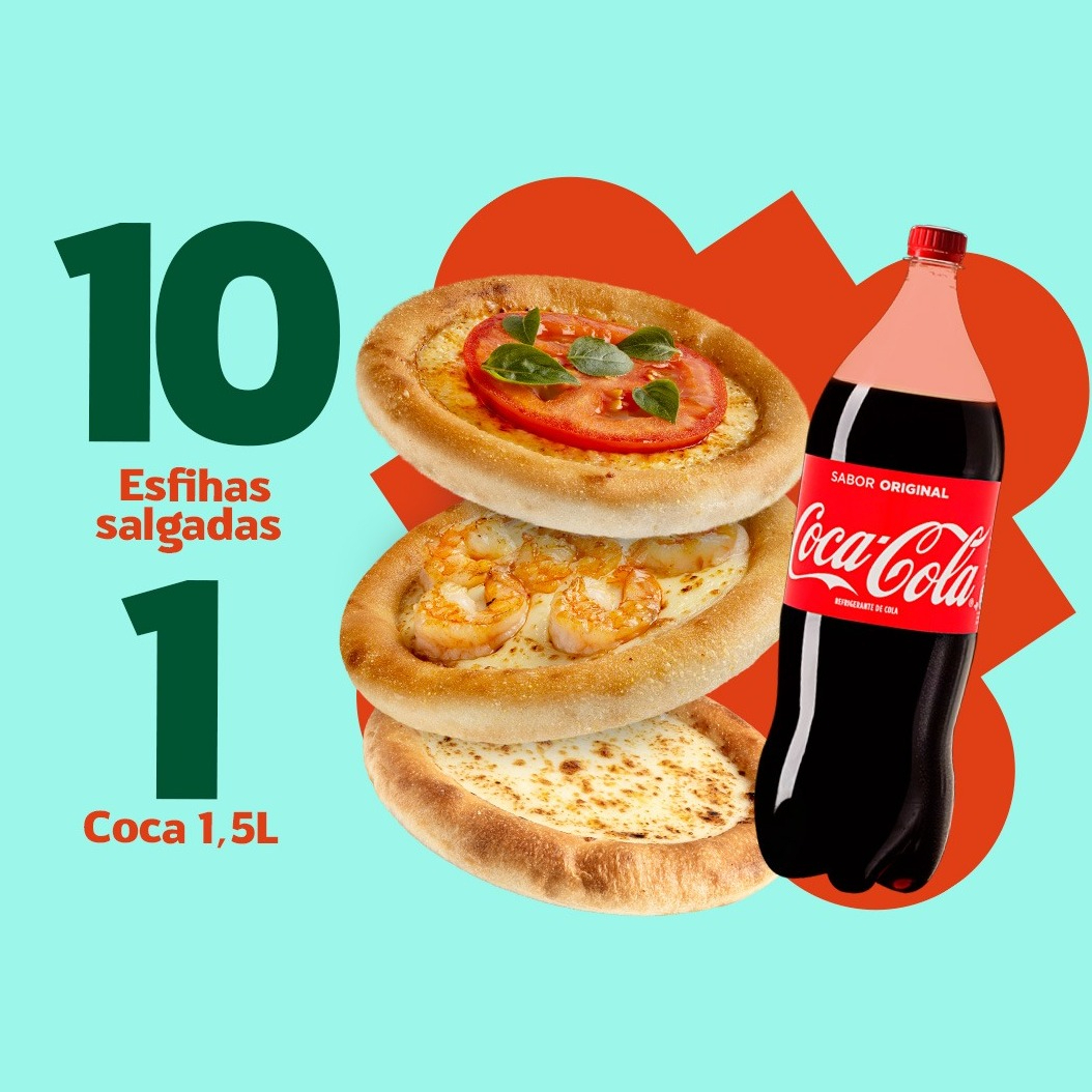 Satisfação Total: Desfrute de 10 deliciosas esfihas salgadas e uma Coca-Cola 1,5L para acompanhar. O combo perfeito para dividir com os amigos ou para uma refeição completa e cheia de sabor!