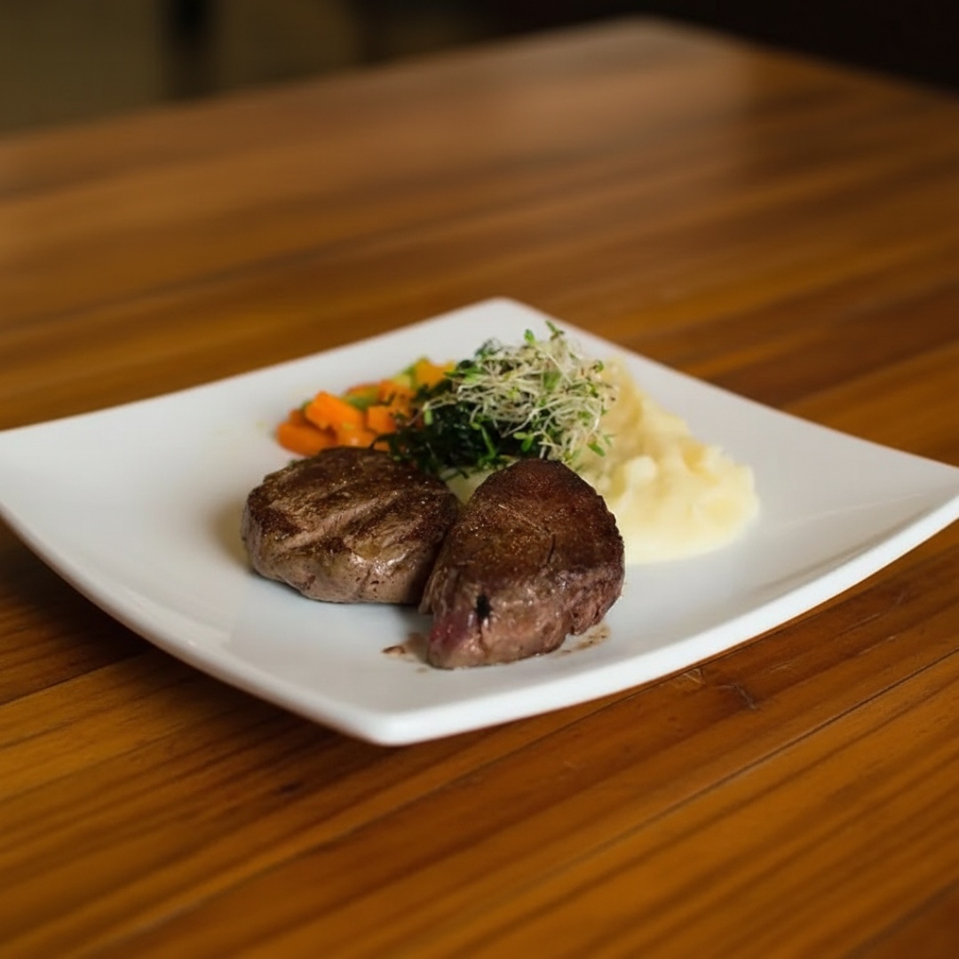 Filé mignon bovino (160g in natura), acompanhado de arroz, feijão, legume e batata do Dia