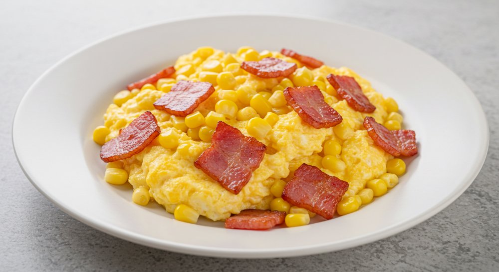 Huevos fritos con Maíz y tocineta.
