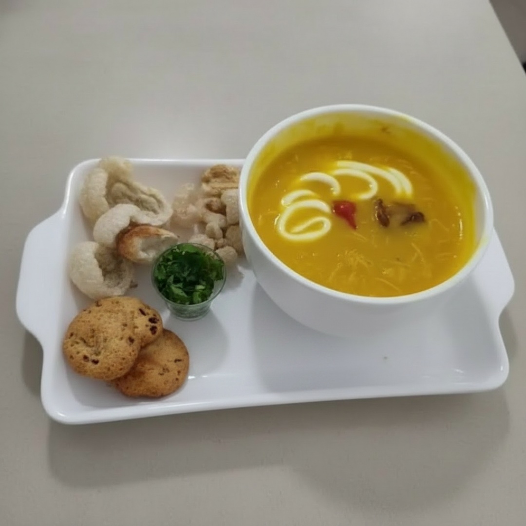 Delicioso caldo de Abóbora, frango desfiado, especiarias. Torresmo, torrada e cebolinha à parte.