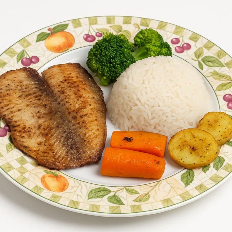 File de tilapia grelhado, servido com legumes frescos salteados no azeite.