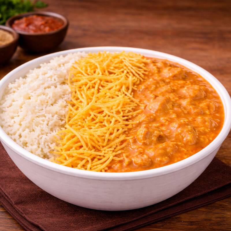 Marmita simples de strogonoff de frango cremoso acompanhada de arroz branco e Batata Palha.