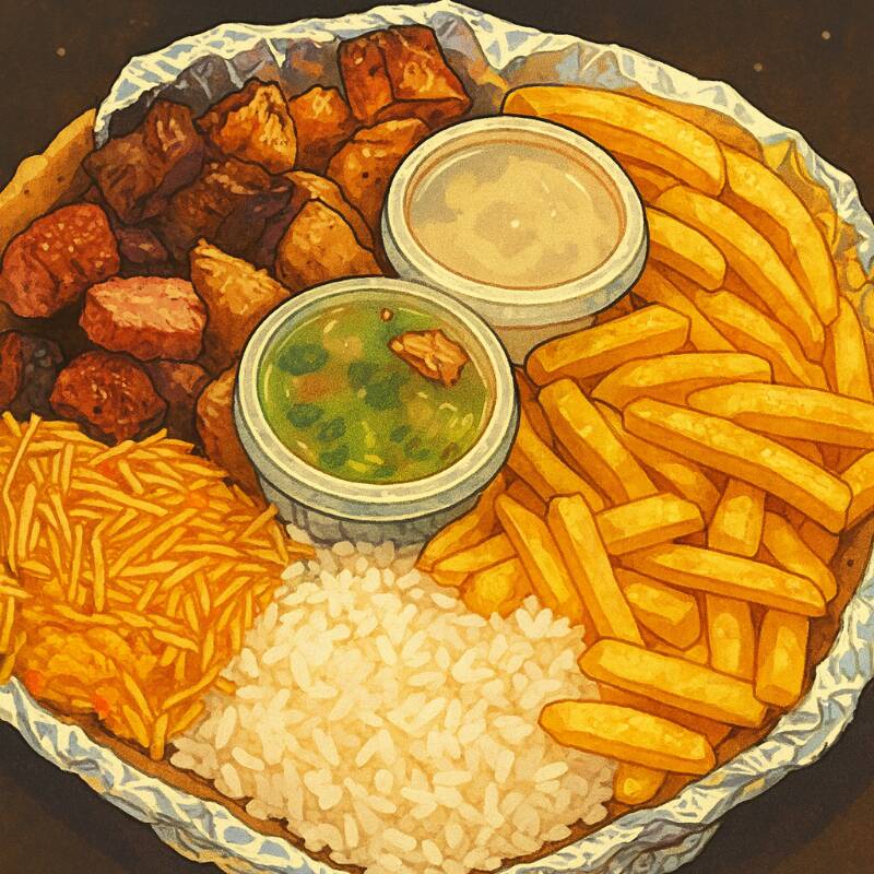 3 ESPETOSMISTOS ARROZ SALPICÃO BATATA FRITA VINAGRETE E FAROFA
